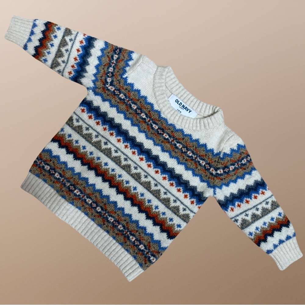 Old Navy Cream, Blue, Brown Fair Isle Kids Sweater